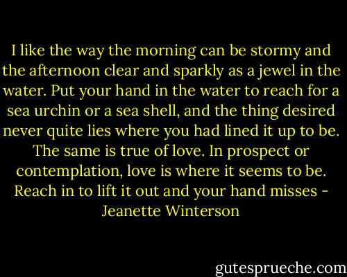 I like the way the morning can be stormy and the afternoon clear and sparkly as a jewel in the water. Put your hand in the water to reach for a sea urchin or a sea shell, and the thing desired never quite lies where you had lined it up to be. The same is true of love. In prospect or contemplation, love is where it seems to be. Reach in to lift it out and your hand misses - Jeanette Winterson