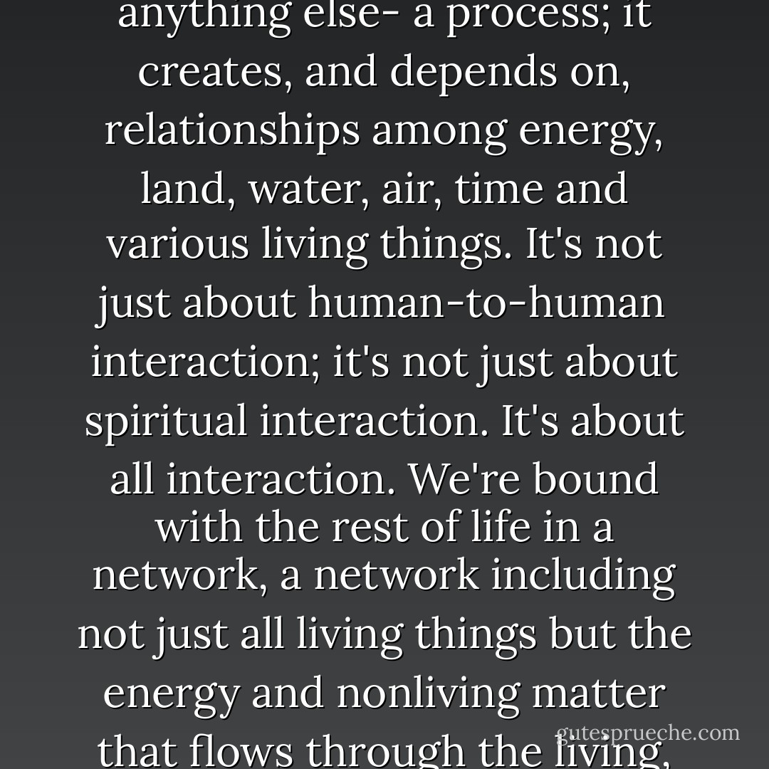Ethics that focus on human interactions, morals that focus on humanity's relationship to a Creator, fall short of these things we've learned. They fail to encompass the big take-home message, so far, of a century and a half of biology and ecology: life is- more than anything else- a <i>process</i>; it creates, and depends on, <i>relationships</i> among energy, land, water, air, time and various living things. It's not just about human-to-human interaction; it's not just about spiritual interaction. It's about <i>all</i> interaction. We're bound with the rest of life in a network, a network including not just all living things but the energy and nonliving matter that flows through the living, making and keeping all of us alive as we make <i>it</i> alive. We can keep debating ideologies and sending entreaties toward heaven. But unless we embrace the fuller reality we're in- and reality's implications- we'll face big problems. - Carl Safina