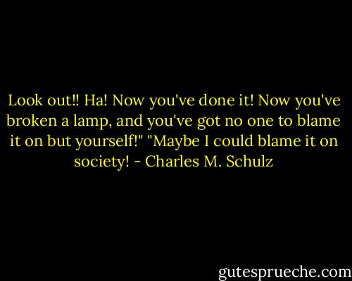 Look out!! Ha! Now you've done it! Now you've broken a lamp, and you've got no one to blame it on but yourself!"<br />"Maybe I could blame it on society! - Charles M. Schulz