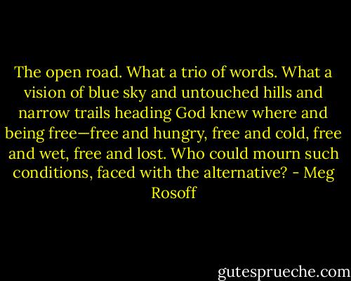 The open road. What a trio of words. What a vision of blue sky and untouched hills and narrow trails heading God knew where and being free—free and hungry, free and cold, free and wet, free and lost. Who could mourn such conditions, faced with the alternative? - Meg Rosoff