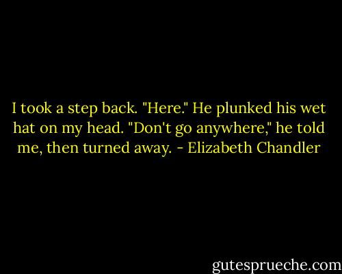 I took a step back.<br />"Here." He plunked his wet hat on my head. "Don't go anywhere," he told me, then turned away. - Elizabeth Chandler
