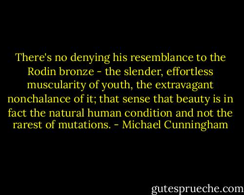 There's no denying his resemblance to the Rodin bronze - the slender, effortless muscularity of youth, the extravagant nonchalance of it; that sense that beauty is in fact the natural human condition and not the rarest of mutations. - Michael Cunningham