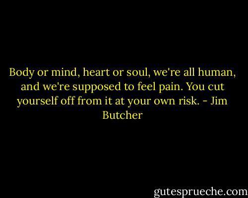 Body or mind, heart or soul, we're all human, and we're supposed to feel pain. You cut yourself off from it at your own risk. - Jim Butcher