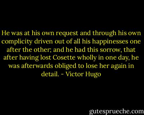 He was at his own request and through his own complicity driven out of all his happinesses one after the other; and he had this sorrow, that after having lost Cosette wholly in one day, he was afterwards obliged to lose her again in detail. - Victor Hugo