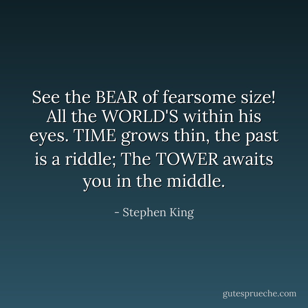 See the BEAR of fearsome size!<br />All the WORLD'S within his eyes.<br />TIME grows thin, the past is a riddle;<br />The TOWER awaits you in the middle. - Stephen King