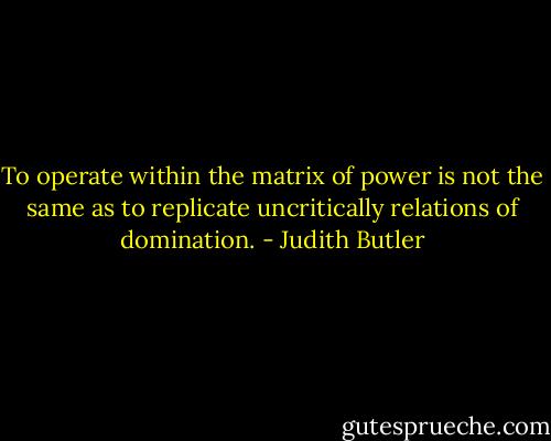 To operate within the matrix of<br />power is not the same as to replicate uncritically relations of domination. - Judith Butler