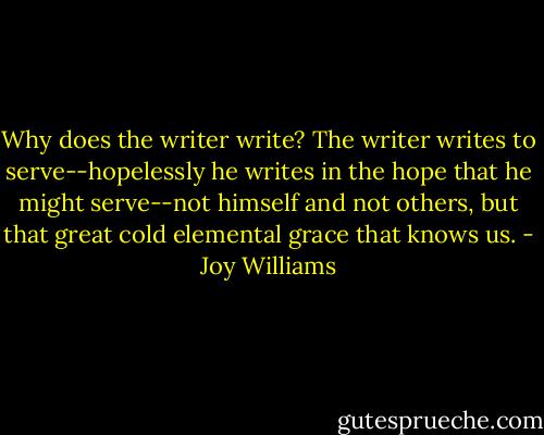 Why does the writer write? The writer writes to serve--hopelessly he writes in the hope that he might serve--not himself and not others, but that great cold elemental grace that knows us. - Joy Williams