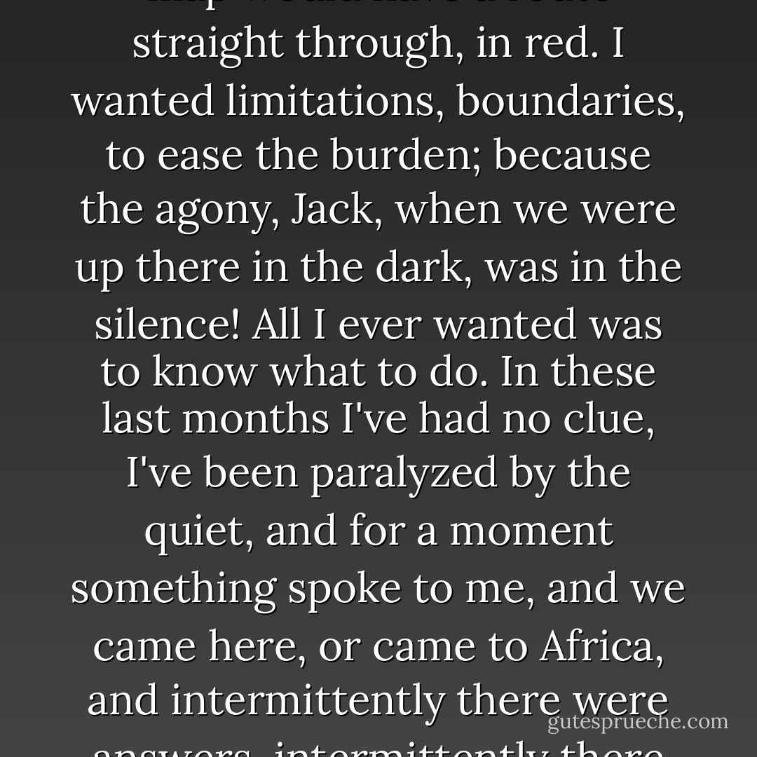 I wanted so many times while driving to flip, to skid and flip and fall from the car and have something happen. I wanted to land on my head and lose half of it, or land on my legs and lose one or both. I wanted something to happen so my choices would be fewer, so my map would have a route straight through, in red. I wanted limitations, boundaries, to ease the burden; because the agony, Jack, when we were up there in the dark, was in the silence! All I ever wanted was to know what to do. In these last months I've had no clue, I've been paralyzed by the quiet, and for a moment something spoke to me, and we came here, or came to Africa, and intermittently there were answers, intermittently there was a chorus and they sang to us and pointing, and were watching and approving, but just as often there was silence, and we stood blinking under the sun, or under the black sky, and we had to think of what to do next. - Dave Eggers