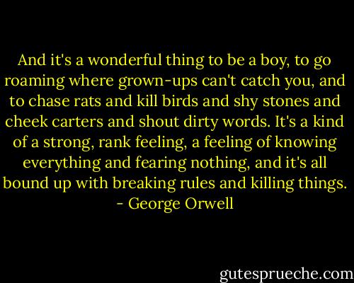 And it's a wonderful thing to be a boy, to go roaming where grown-ups can't catch you, and to chase rats and kill birds and shy stones and cheek carters and shout dirty words. It's a kind of a strong, rank feeling, a feeling of knowing everything and fearing nothing, and it's all bound up with breaking rules and killing things. - George Orwell
