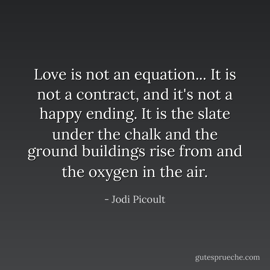 Love is not an equation... It is not a contract, and it's not a happy ending. It is the slate under the chalk and the ground buildings rise from and the oxygen in the air. - Jodi Picoult