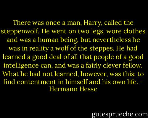 There was once a man, Harry, called the steppenwolf. He went on two legs, wore clothes and was a human being, but nevertheless he was in reality a wolf of the steppes. He had learned a good deal of all that people of a good intelligence can, and was a fairly clever fellow. What he had not learned, however, was this: to find contentment in himself and his own life. - Hermann Hesse