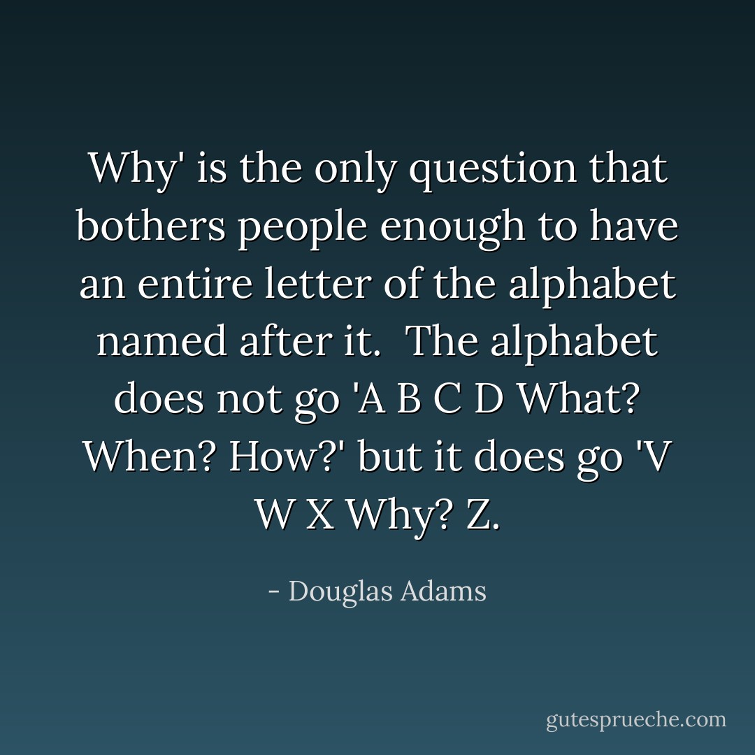 Why' is the only question that bothers people enough to have an entire letter of the alphabet named after it.<br /><br />The alphabet does not go 'A B C D What? When? How?' but it does go 'V W X Why? Z. - Douglas Adams