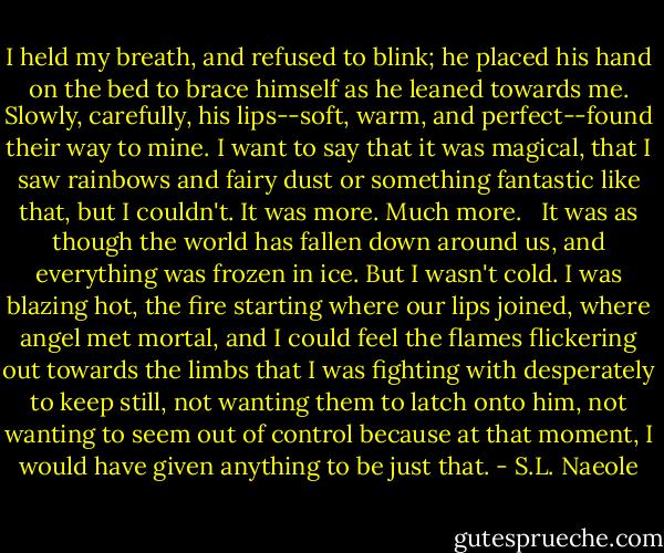 I held my breath, and refused to blink; he placed his hand on the bed to brace himself as he leaned towards me. Slowly, carefully, his lips--soft, warm, and perfect--found their way to mine. I want to say that it was magical, that I saw rainbows and fairy dust or something fantastic like that, but I couldn't. It was more. Much more. <br /><br />It was as though the world has fallen down around us, and everything was frozen in ice. But I wasn't cold. I was blazing hot, the fire starting where our lips joined, where angel met mortal, and I could feel the flames flickering out towards the limbs that I was fighting with desperately to keep still, not wanting them to latch onto him, not wanting to seem out of control because at that moment, I would have given anything to be just that. - S.L. Naeole