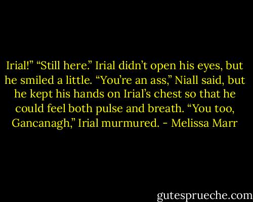Irial!”<br />“Still here.” Irial didn’t open his eyes, but he smiled a little.<br />“You’re an ass,” Niall said, but he kept his hands on Irial’s chest so that he could feel both pulse and breath.<br />“You too, Gancanagh,” Irial murmured. - Melissa Marr