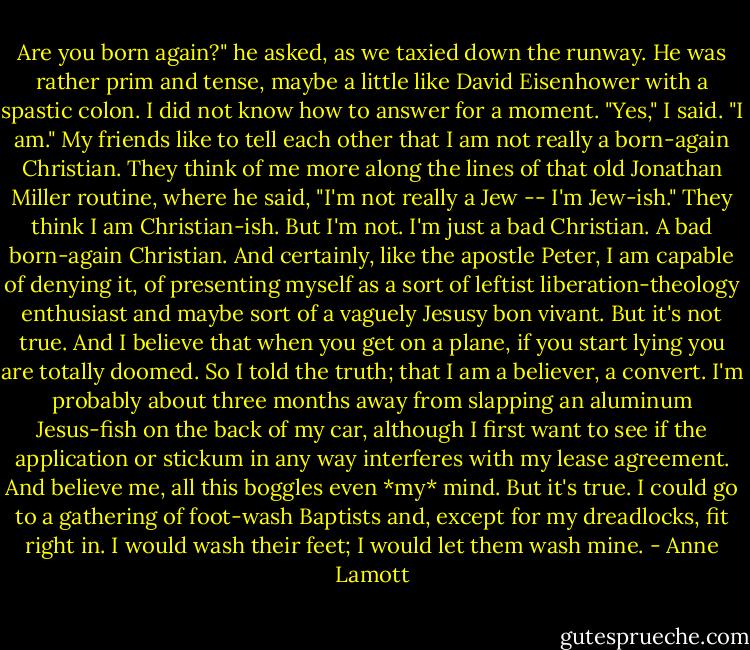 Are you born again?" he asked, as we taxied down the runway. He was rather prim and tense, maybe a little like David Eisenhower with a spastic colon. I did not know how to answer for a moment.<br />"Yes," I said. "I am."<br />My friends like to tell each other that I am not really a born-again Christian. They think of me more along the lines of that old Jonathan Miller routine, where he said, "I'm not really a Jew -- I'm Jew-ish." They think I am Christian-ish. But I'm not. I'm just a bad Christian. A bad born-again Christian. And certainly, like the apostle Peter, I am capable of denying it, of presenting myself as a sort of leftist liberation-theology enthusiast and maybe sort of a vaguely Jesusy bon vivant. But it's not true. And I believe that when you get on a plane, if you start lying you are totally doomed.<br />So I told the truth; that I am a believer, a convert. I'm probably about three months away from slapping an aluminum Jesus-fish on the back of my car, although I first want to see if the application or stickum in any way interferes with my lease agreement. And believe me, all this boggles even *my* mind. But it's true. I could go to a gathering of foot-wash Baptists and, except for my dreadlocks, fit right in. I would wash their feet; I would let them wash mine. - Anne Lamott