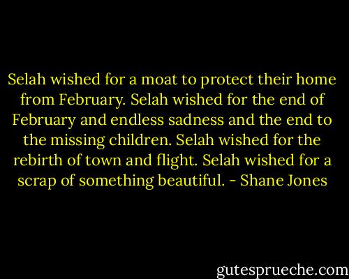 Selah wished for a moat to protect their home from February. Selah wished for the end of February and endless sadness and the end to the missing children. Selah wished for the rebirth of town and flight. Selah wished for a scrap of something beautiful. - Shane Jones