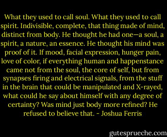 What they used to call soul. What they used to call spirit. Indivisible, complete, that thing made of mind, distinct from body.<br />He thought he had one—a soul, a spirit, a nature, an essence. He thought his mind was proof of it.<br />If mood, facial expression, hunger pain, love of color, if everything human and happenstance came not from the soul, the core of self, but from synapses firing and electrical signals, from the stuff in the brain that could be manipulated and X-rayed, what could he say about himself with any degree of certainty? Was mind just body more refined?<br />He refused to believe that. - Joshua Ferris