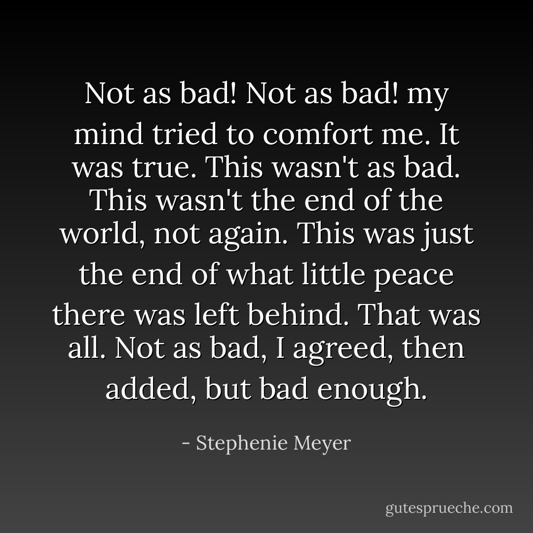 Not as bad! Not as bad! my mind tried to comfort me. It was true. This wasn't as bad. This wasn't the end of the world, not again. This was just the end of what little peace there was left behind. That was all.<br /><i>Not as bad</i>, I agreed, then added, <i>but bad enough</i>. - Stephenie Meyer