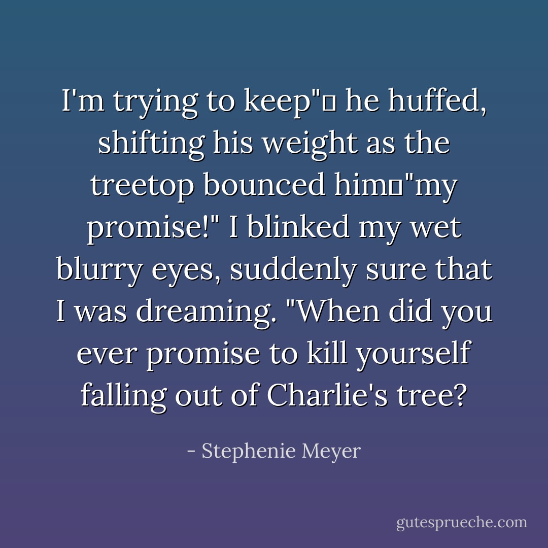 I'm trying to keep"― he huffed, shifting his weight as the treetop bounced him―"my promise!"<br />I blinked my wet blurry eyes, suddenly sure that I was dreaming.<br />"When did you ever promise to kill yourself falling out of Charlie's tree? - Stephenie Meyer