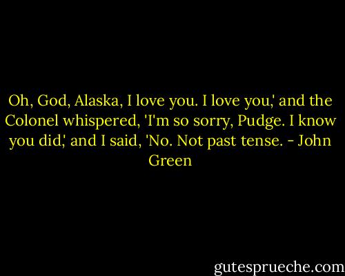 Oh, God, Alaska, I love you. I love you,' and the Colonel whispered, 'I'm so sorry, Pudge. I know you did,' and I said, 'No. Not past tense. - John Green