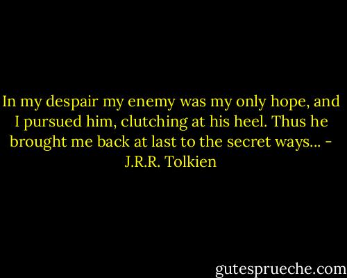 In my despair my enemy was my only hope, and I pursued him, clutching at his heel. Thus he brought me back at last to the secret ways... - J.R.R. Tolkien