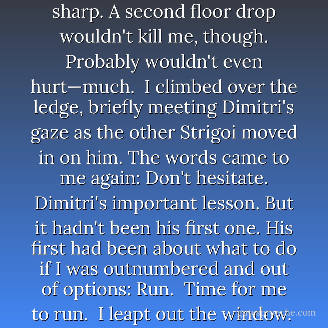 I didn't have any more time. Directly below the window was a thickly leafed bush of some sort. I couldn't see it clearly and only hoped it wasn't a rosebush or something equally sharp. A second floor drop wouldn't kill me, though. Probably wouldn't even hurt—much. <br />I climbed over the ledge, briefly meeting Dimitri's gaze as the other Strigoi moved in on him. The words came to me again: Don't hesitate. Dimitri's important lesson. But it hadn't been his first one. His first had been about what to do if I was outnumbered and out of options: Run. <br />Time for me to run. <br />I leapt out the window. <br /><br />I think the profanities that came out of my mouth when I hit the ground would have been understandable in any language. It hurt. - Richelle Mead