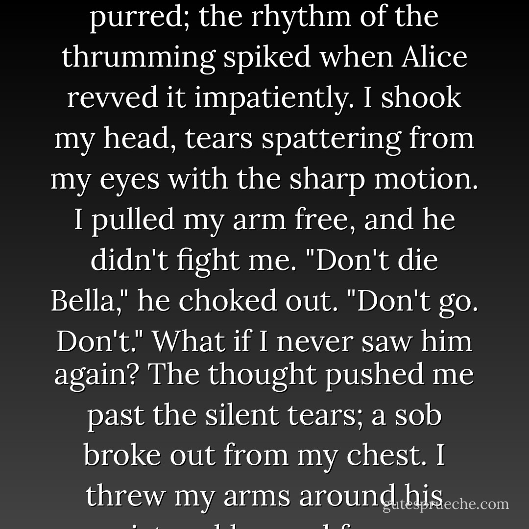 Jacob caught my arm with a shivering hand. "Please, Bella. I'm begging."<br />His dark eyes were glistening with tears. A lump filled my throat.<br />"Jake, I <i>have</i> to―"<br />"You don't, though. You really don't. You could stay here with me. You could stay alive. For Charlie. For me."<br />The engine of Carlisle's Mercedes purred; the rhythm of the thrumming spiked when Alice revved it impatiently.<br />I shook my head, tears spattering from my eyes with the sharp motion. I pulled my arm free, and he didn't fight me.<br />"Don't die Bella," he choked out. "Don't go. Don't."<br />What if I never saw him again?<br />The thought pushed me past the silent tears; a sob broke out from my chest. I threw my arms around his waist and hugged for one too-short moment, burying my tear-wet face against his chest. He put his big hand on the back of my hair, as if to hold me here.<br />"Bye, Jake." I pulled his hand from my hair, and kissed his palm. I couldn't bear to look at his face. "Sorry," I whispered. - Stephenie Meyer