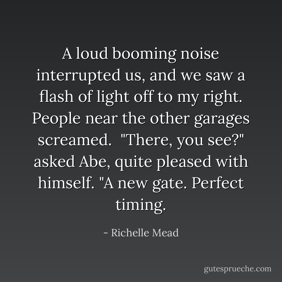 A loud booming noise interrupted us, and we saw a flash of light off to my right. People near the other garages screamed.<br /><br />"There, you see?" asked Abe, quite pleased with himself. "A new gate. Perfect timing. - Richelle Mead