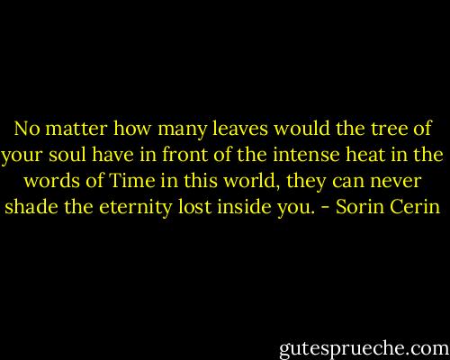 No matter how many leaves would the tree of your soul have in front of the intense heat in the words of Time in this world, they can never shade the eternity lost inside you. - Sorin Cerin