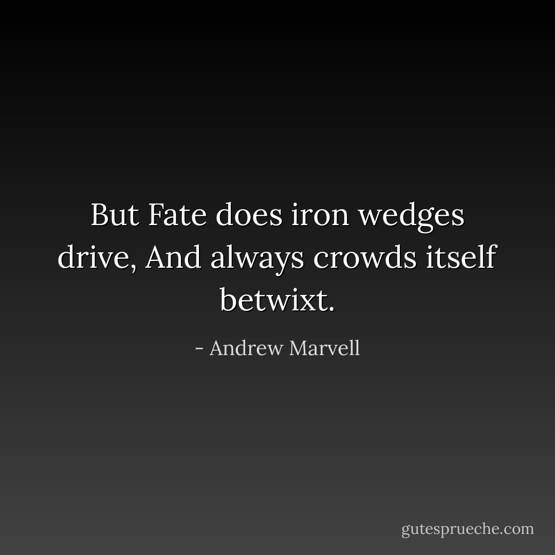 But Fate does iron wedges drive,<br />And always crowds itself betwixt. - Andrew Marvell