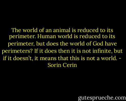 The world of an animal is reduced to its perimeter. Human world is reduced to its perimeter, but does the world of God have perimeters? If it does then it is not infinite, but if it doesn’t, it means that this is not a world. - Sorin Cerin