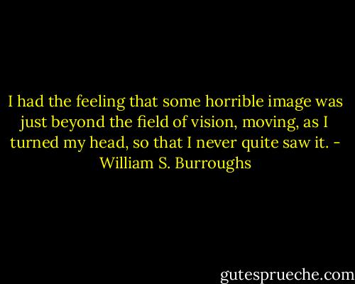 I had the feeling that some horrible image was just beyond the field of vision, moving, as I turned my head, so that I never quite saw it. - William S. Burroughs
