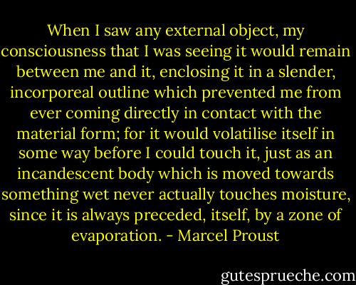 When I saw any external object, my consciousness that I was seeing it would remain between me and it, enclosing it in a slender, incorporeal outline which prevented me from ever coming directly in contact with the material form; for it would volatilise itself in some way before I could touch it, just as an incandescent body which is moved towards something wet never actually touches moisture, since it is always preceded, itself, by a zone of evaporation. - Marcel Proust