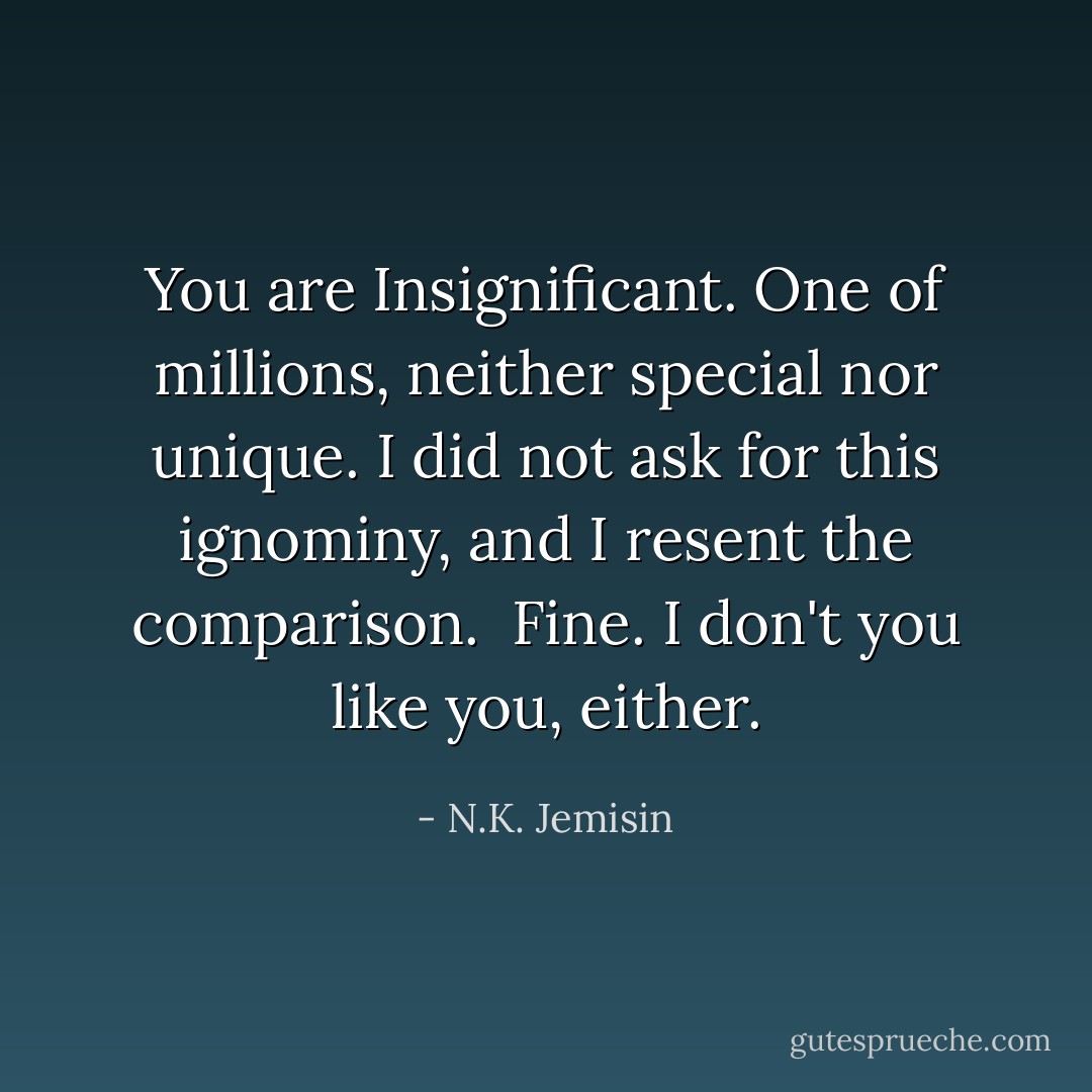 You are Insignificant. One of millions, neither special nor unique. I did not ask for this ignominy, and I resent the comparison. <br />Fine. I don't you like you, either. - N.K. Jemisin
