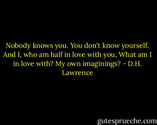 Nobody knows you.<br />You don't know yourself.<br />And I, who am half in love with you,<br />What am I in love with?<br />My own imaginings? - D.H. Lawrence