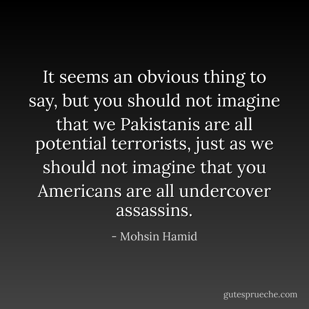 It seems an obvious thing to say, but you should not imagine that we Pakistanis are all potential terrorists, just as we should not imagine that you Americans are all undercover assassins. - Mohsin Hamid