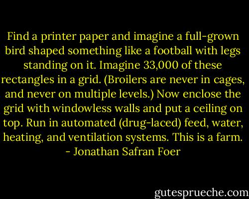 Find a printer paper and imagine a full-grown bird shaped something like a football with legs standing on it. Imagine 33,000 of these rectangles in a grid. (Broilers are never in cages, and never on multiple levels.) Now enclose the grid with windowless walls and put a ceiling on top. Run in automated (drug-laced) feed, water, heating, and ventilation systems. This is a farm. - Jonathan Safran Foer
