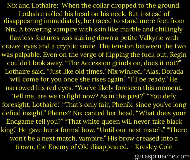 Nix and Lothaire:<br /><br />When the collar dropped to the ground, Lothaire rolled his head on his neck. But instead of disappearing immediately, he traced to stand mere feet from Nïx.<br />A towering vampire with skin like marble and chillingly flawless features was staring down a petite Valkyrie with crazed eyes and a cryptic smile.<br />The tension between the two was palpable. Even on the verge of flipping the fuck out, Regin couldn’t look away.<br />“The Accession grinds on, does it not?” Lothaire said.<br />“Just like old times.” Nïx winked. “Alas, Dorada will come for you once she rises again.”<br />“I’ll be ready.” He narrowed his red eyes. “You’ve likely foreseen this moment. Tell me, are we to fight now? As in the past?”<br />“You defy foresight, Lothaire.”<br />“That’s only fair, Phenïx, since you’ve long defied insight.” Phenïx?<br />Nïx canted her head. “What does your Endgame tell you?”<br />“That white queen will never take black king.” He gave her a formal bow. “Until our next match.”<br />“There won’t be a next match, vampire.”<br />His brow creased into a frown, the Enemy of Old disappeared. - Kresley Cole