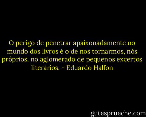O perigo de penetrar apaixonadamente no mundo dos livros é o de nos tornarmos, nós próprios, no aglomerado de pequenos excertos literários. - Eduardo Halfon