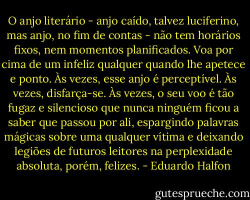 O anjo literário - anjo caído, talvez luciferino, mas anjo, no fim de contas - não tem horários fixos, nem momentos planificados. Voa por cima de um infeliz qualquer quando lhe apetece e ponto. Às vezes, esse anjo é perceptível. Às vezes, disfarça-se. Às vezes, o seu voo é tão fugaz e silencioso que nunca ninguém ficou a saber que passou por ali, espargindo palavras mágicas sobre uma qualquer vítima e deixando legiões de futuros leitores na perplexidade absoluta, porém, felizes. - Eduardo Halfon