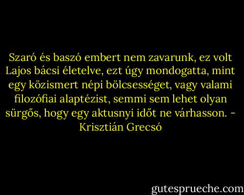 Szaró és baszó embert nem zavarunk, ez volt Lajos bácsi életelve, ezt úgy mondogatta, mint egy közismert népi bölcsességet, vagy valami filozófiai alaptézist, semmi sem lehet olyan sürgős, hogy egy aktusnyi időt ne várhasson. - Krisztián Grecsó