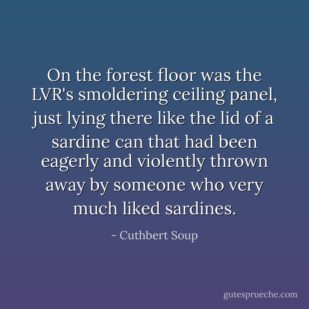 On the forest floor was the LVR's smoldering ceiling panel, just lying there like the lid of a sardine can that had been eagerly and violently thrown away by someone who very much liked sardines. - Cuthbert Soup