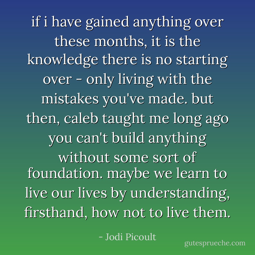 if i have gained anything over these months, it is the knowledge there is no starting over - only living with the mistakes you've made. but then, caleb taught me long ago you can't build anything without some sort of foundation. maybe we learn to live our lives by understanding, firsthand, how not to live them. - Jodi Picoult
