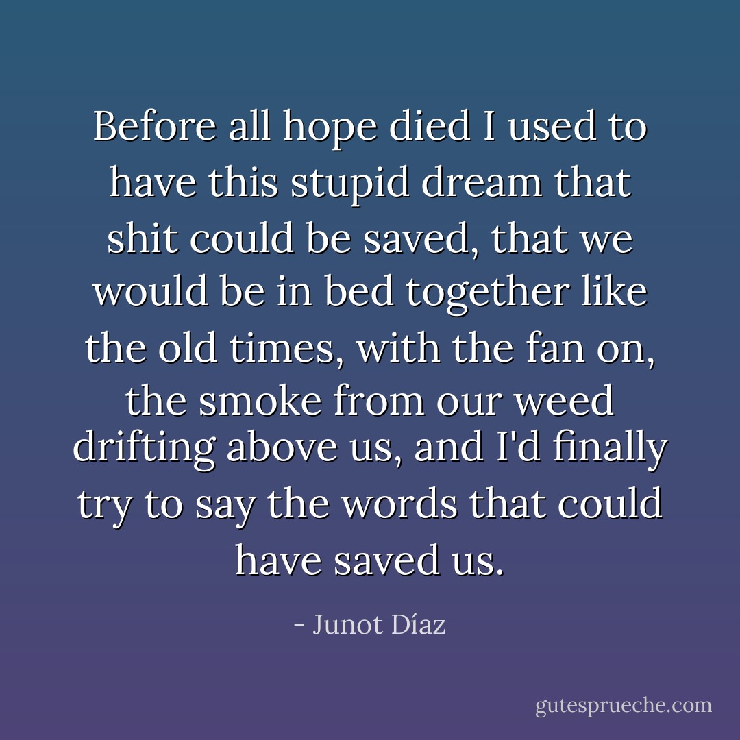 Before all hope died I used to have this stupid dream that shit could be saved, that we would be in bed together like the old times, with the fan on, the smoke from our weed drifting above us, and I'd finally try to say the words that could have saved us. - Junot Díaz