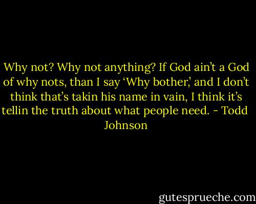 Why not? Why not anything? If God ain’t a God of why nots, than I say ‘Why bother,’ and I don’t think that’s takin his name in vain, I think it’s tellin the truth about what people need. - Todd  Johnson