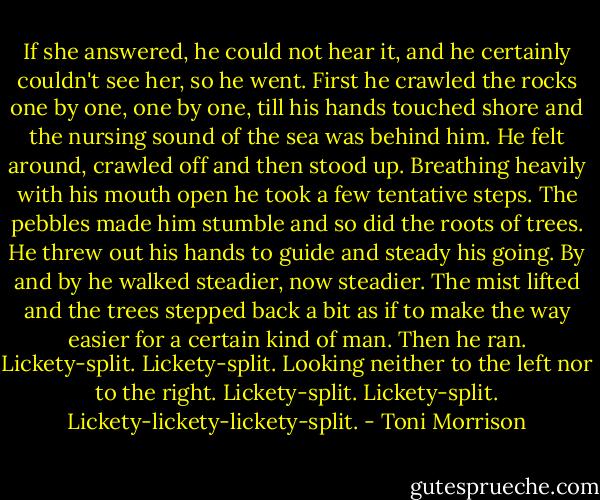 If she answered, he could not hear it, and he certainly couldn't see her, so he went. First he crawled the rocks one by one, one by one, till his hands touched shore and the nursing sound of the sea was behind him. He felt around, crawled off and then stood up. Breathing heavily with his mouth open he took a few tentative steps. The pebbles made him stumble and so did the roots of trees. He threw out his hands to guide and steady his going. By and by he walked steadier, now steadier. The mist lifted and the trees stepped back a bit as if to make the way easier for a certain kind of man. Then he ran. Lickety-split. Lickety-split. Looking neither to the left nor to the right. Lickety-split. Lickety-split. Lickety-lickety-lickety-split. - Toni Morrison