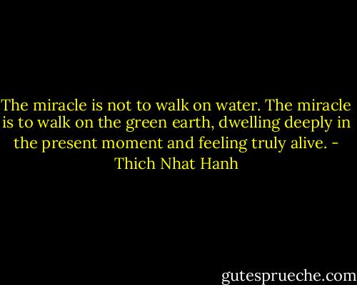 The miracle is not to walk on water. The miracle is to walk on the green earth, dwelling deeply in the present moment and feeling truly alive. - Thich Nhat Hanh