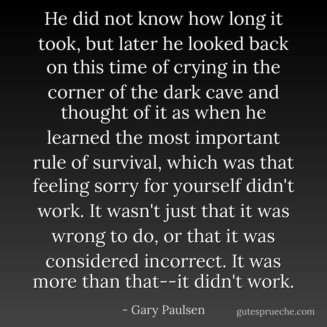 He did not know how long it took, but later he looked back on this time of crying in the corner of the dark cave and thought of it as when he learned the most important rule of survival, which was that feeling sorry for yourself didn't work. It wasn't just that it was wrong to do, or that it was considered incorrect. It was more than that--it didn't work. - Gary Paulsen