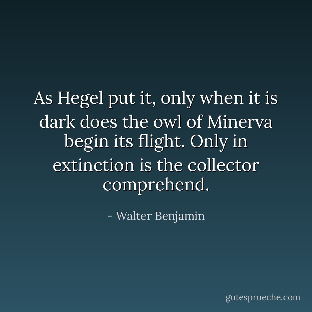 As Hegel put it, only when it is dark does the owl of Minerva begin its flight. Only in extinction is the collector comprehend. - Walter Benjamin