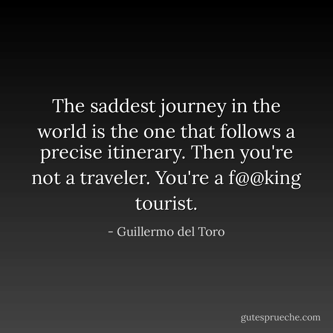 The saddest journey in the world is the one that follows a precise itinerary. Then you're not a traveler. You're a f@@king tourist. - Guillermo del Toro